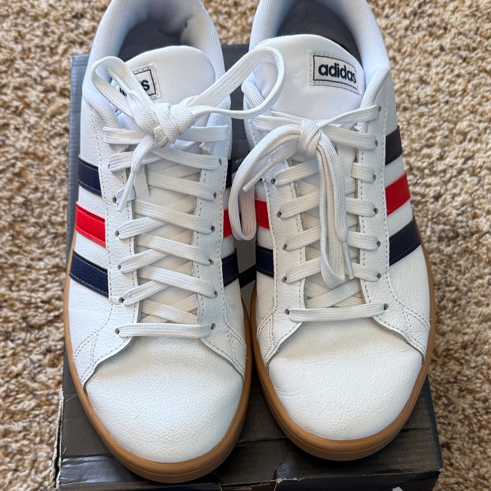 Adidas Men's White Sneakers with Red and Navy Stripes